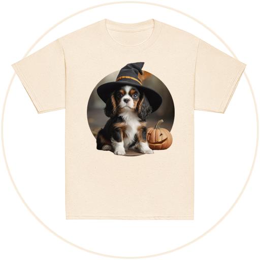 Cavalier pup learning magic in a Witches hat.