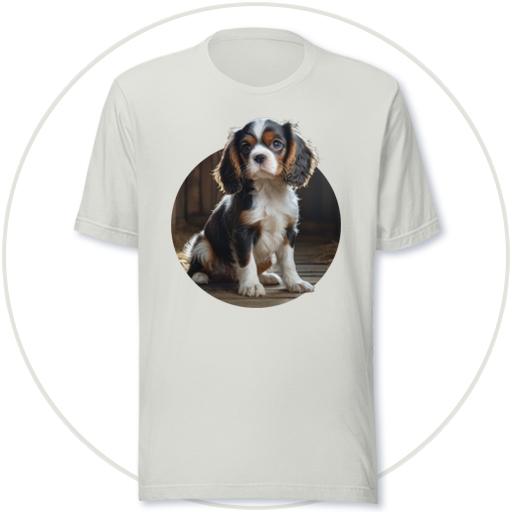 Cavalier pup sits in the barn