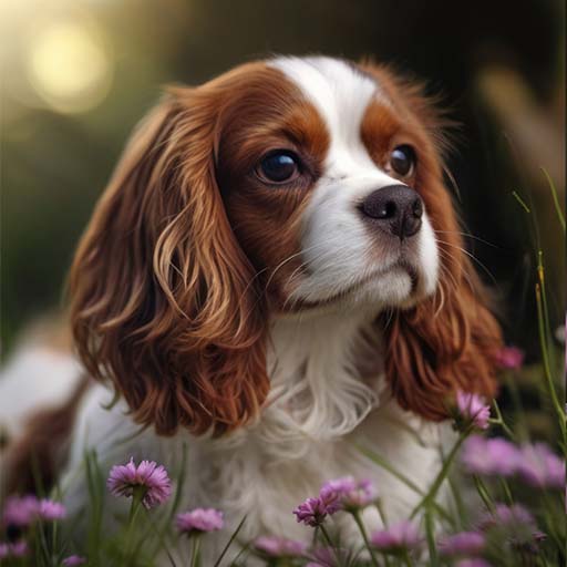 Cavalier walking through meadow flowers.