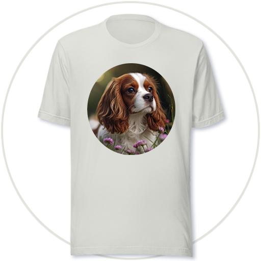 Cavalier walking through meadow flowers.